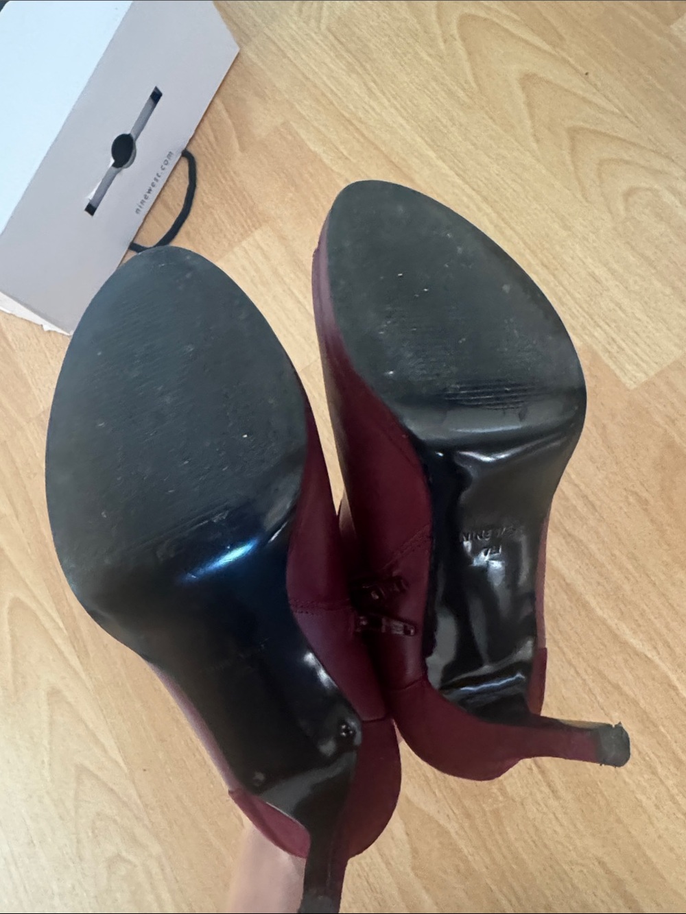 Nine West Burgundy Peep-Toe Leather & Suede Ankle Boot heels - Picture 2 of 3